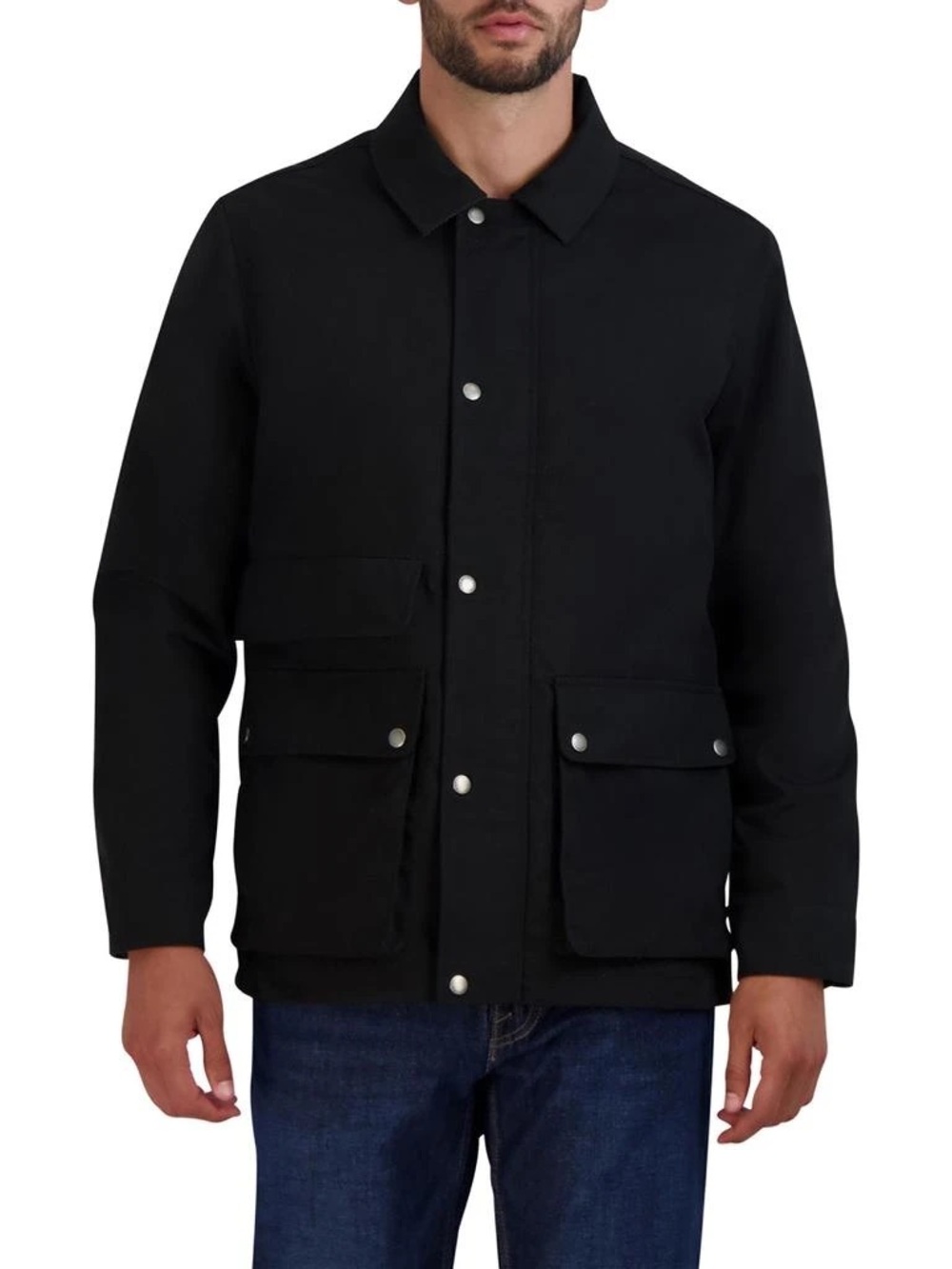 Cole Haan Black Waxed Cotton Rain Shirt Jacket - Snap Front